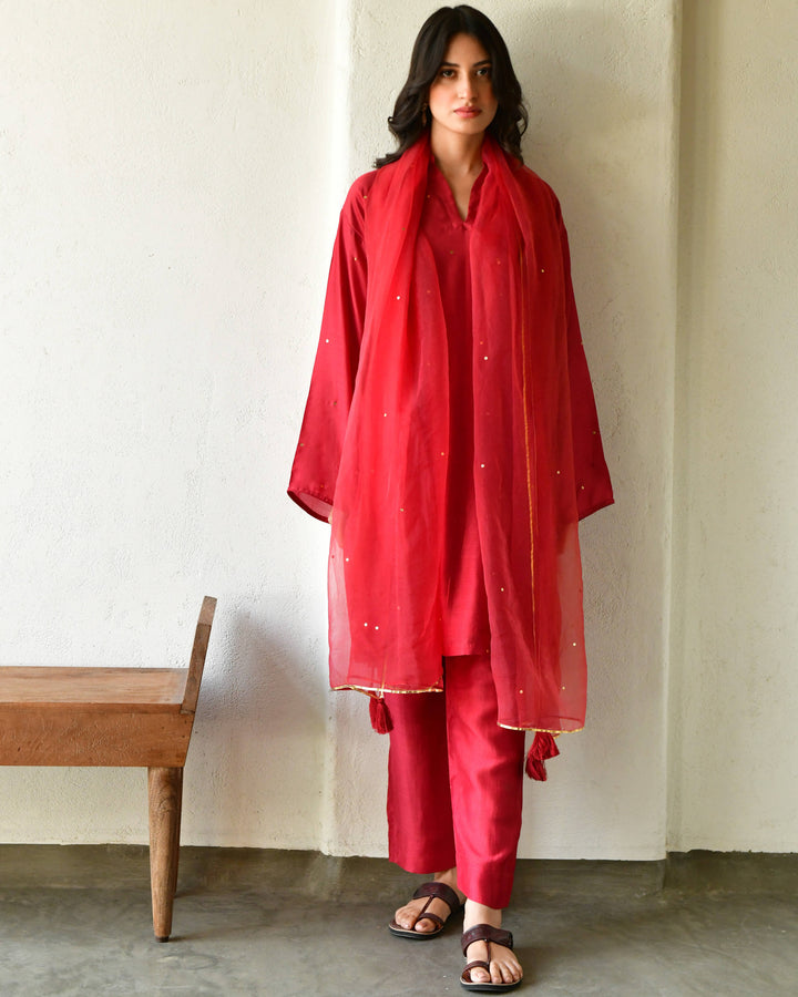 Red Rang Rang red straight kurta set of 3 7693044088934 β RESHA INDIA