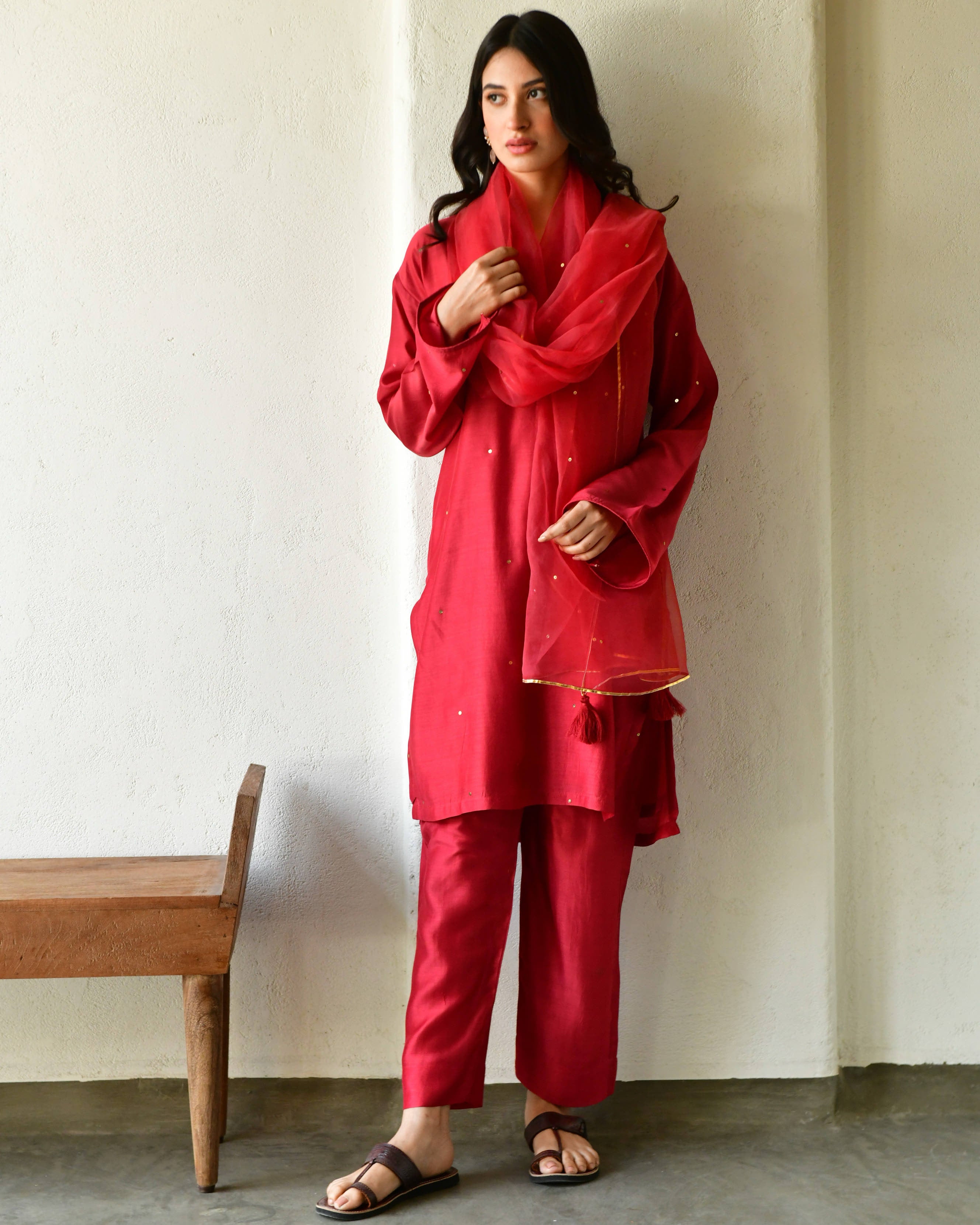 Red Rang Rang red straight kurta set of 3 7693044088934 β RESHA INDIA