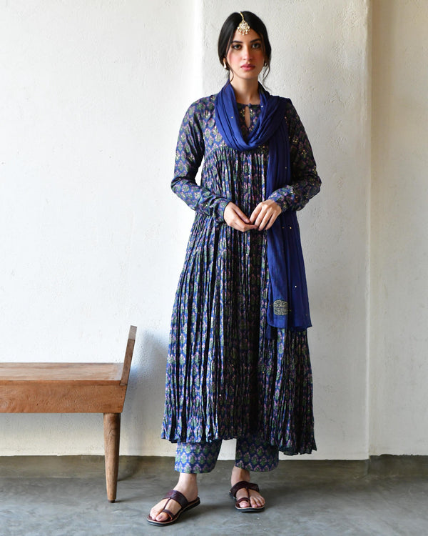 Nayaab blue block printed tiered anarkali(set of 3)