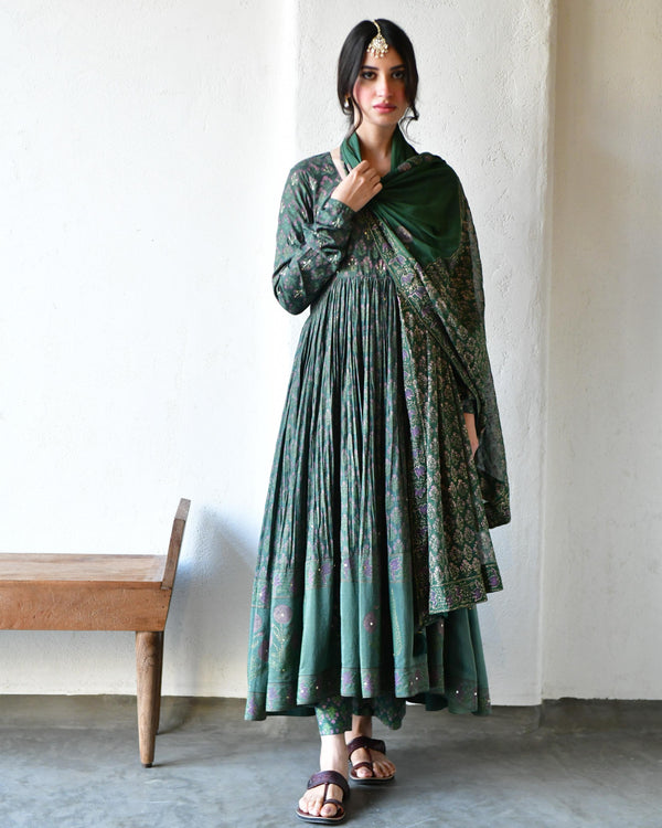 Nayaab green block printed anarkali(set of 3)