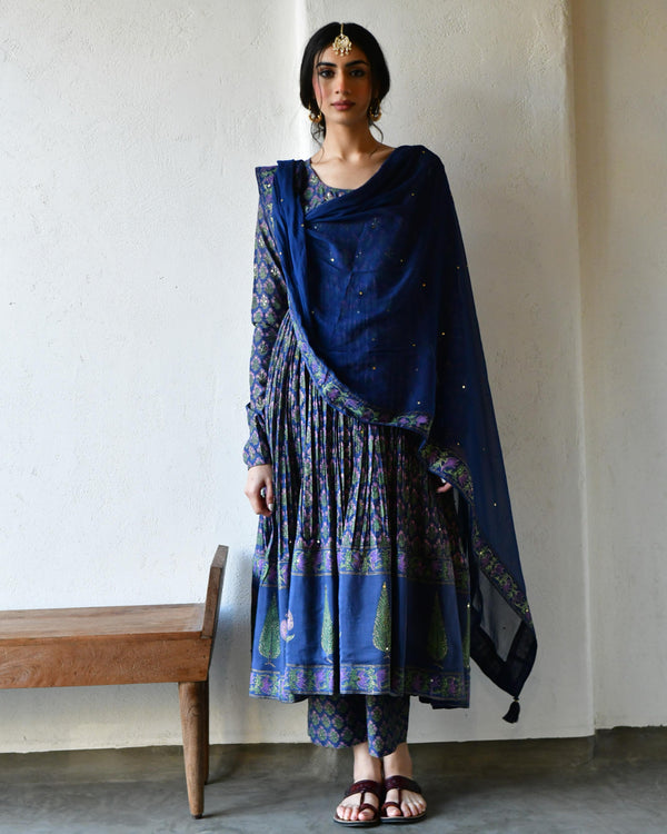 Nayaab blue block printed anarkali(set of 3)