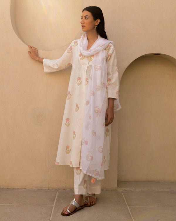 Pink cotton handblockprinted A-line kurta set of 3