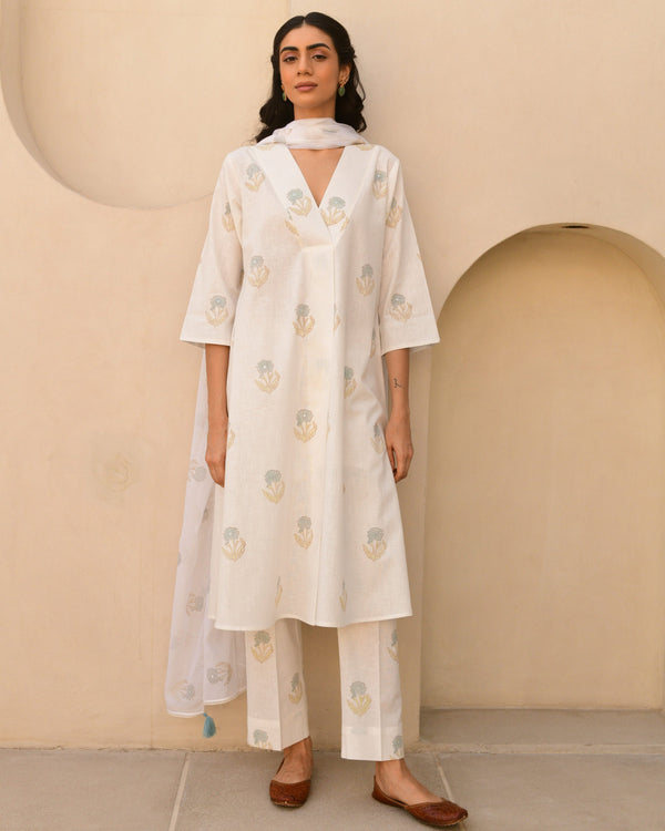 Blue cotton handblockprinted A-line kurta set of 3