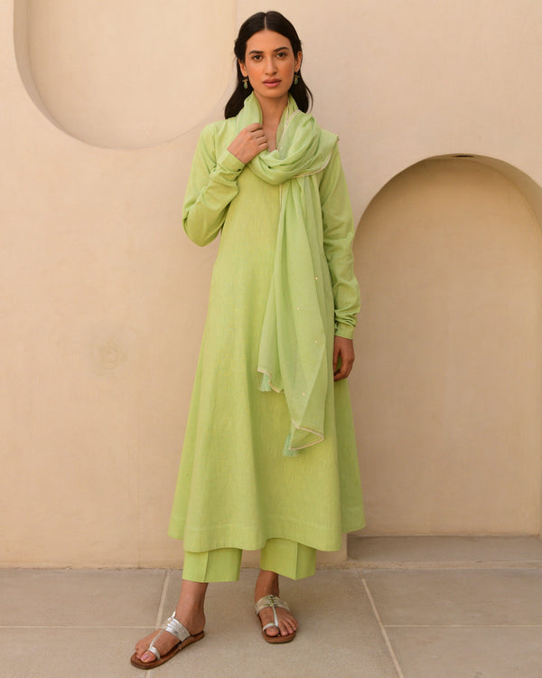 Solid green cotton kurta set of 3