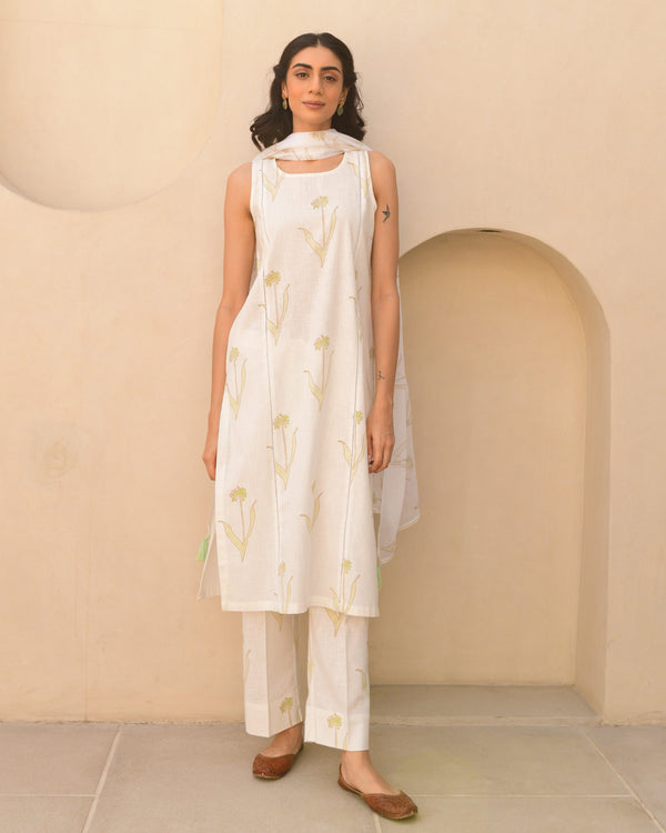 Green cotton handblockprinted straight kurta set of 3