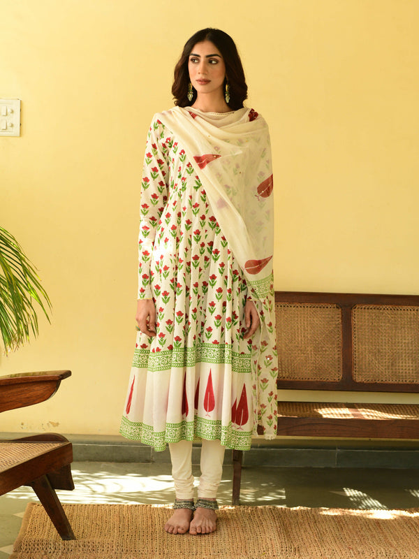 Sukoon white red anarkali set- set of 3